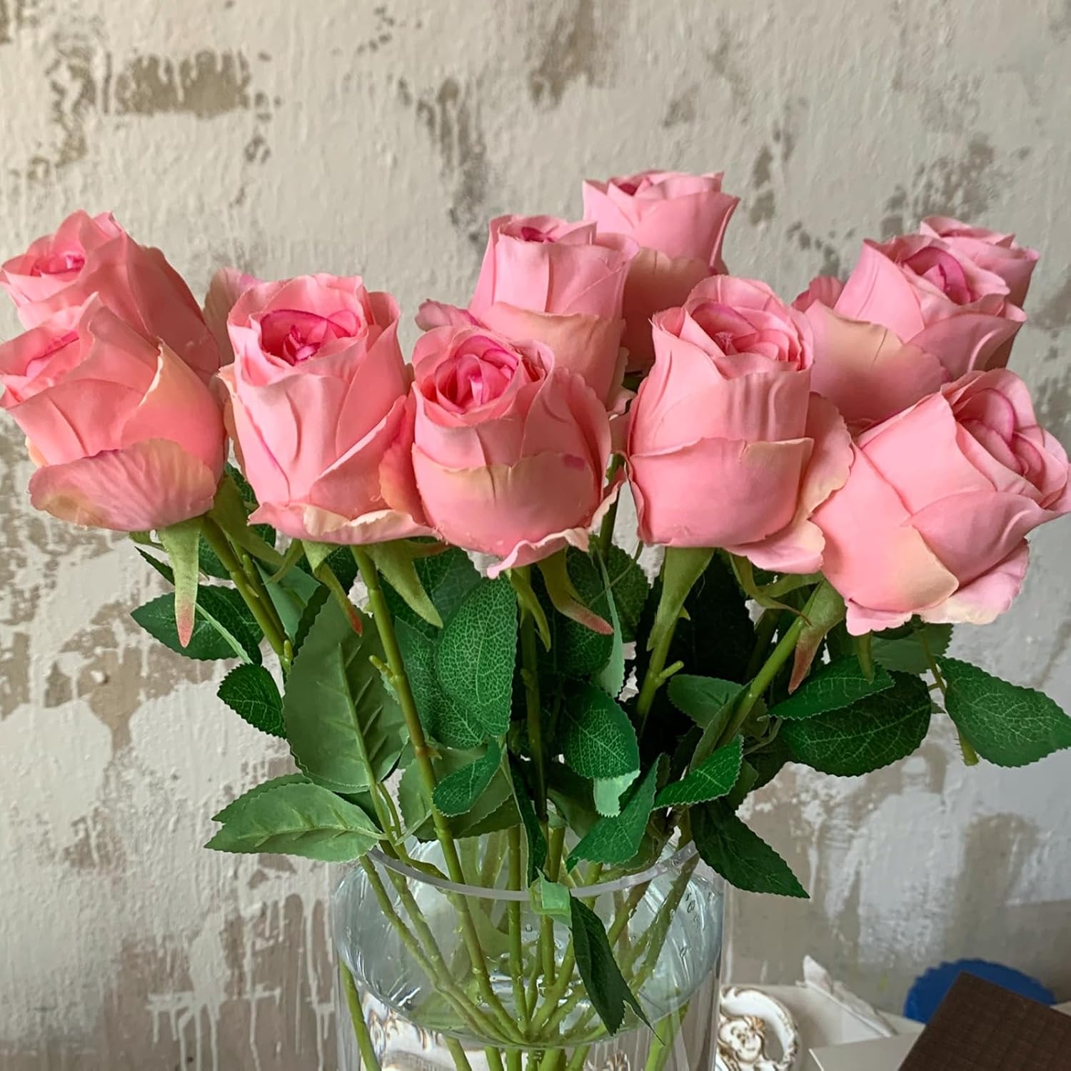 10pcs Pink Roses Artificial Flowers with Long Stem Real Looking Fake Roses for DIY Wedding Bouquet Table Centerpiece Faux Pink Roses for Bridal Shower Arrangements Home Decor