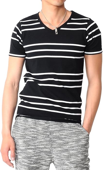 Amazon スペイド Spade Tシャツ ボーダー メンズ 無地 Vネック 半袖 ランダムボーダー ティーシャツ E107 Tシャツ カットソー 通販