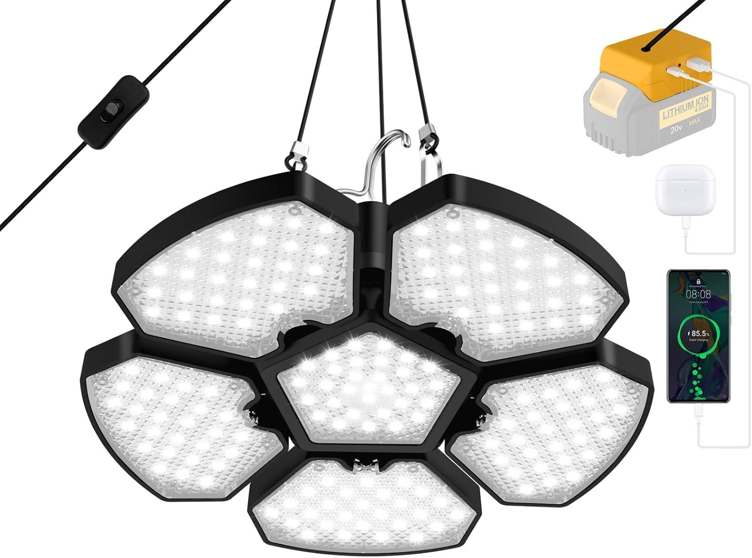 T-SUNiceM 65W 6500LM Cordless LED Work Light Compatible with Dewalt 20V Max Battery, 5+1 Adjustable Panel Flood Light with USB & Type-C Charging, Garage Ceiling Light for Car Repair, Jobsite, Camping