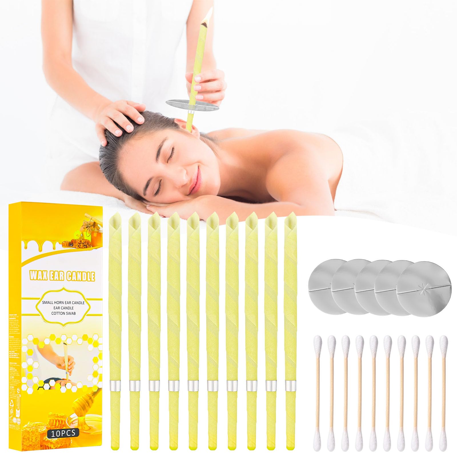 Coni Orecchie Cerume, 10 Candele Orecchie Cerume, Candele Naturali Auricolari in Cera D'api, Per Rilassare la Pelle, Ridurre lo Stress, Migliorare il Sonno (Giallo)