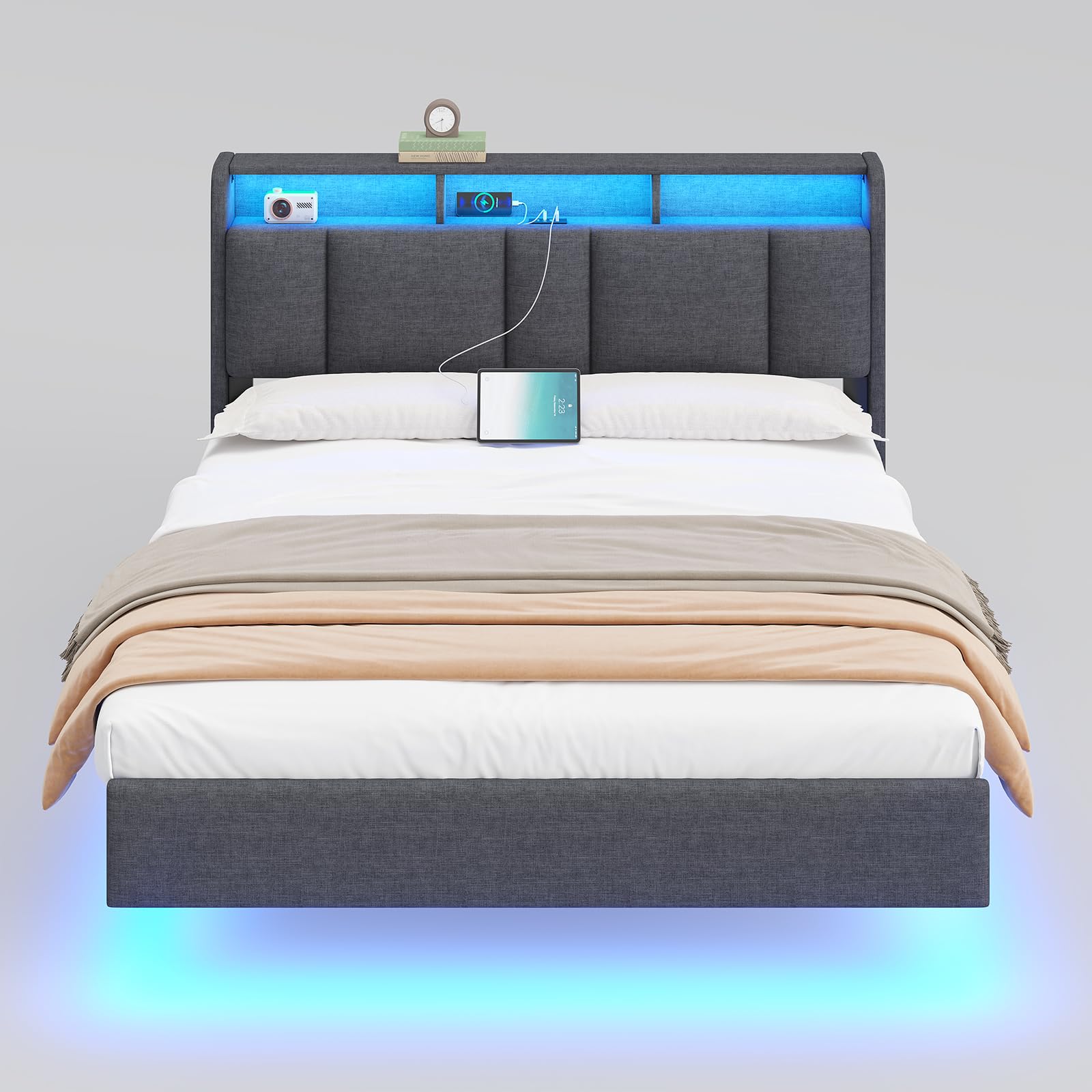 AOGLLATI Polsterbett 140x200cm, Bett 140x200 mit LED Beleuchtung und Ladestation, Schwebebett mit Kopfteil, Lattenrost aus Metall, Leichte Montage, Doppelbett, Leinen, Dunkelgrau (ohne Matratze)