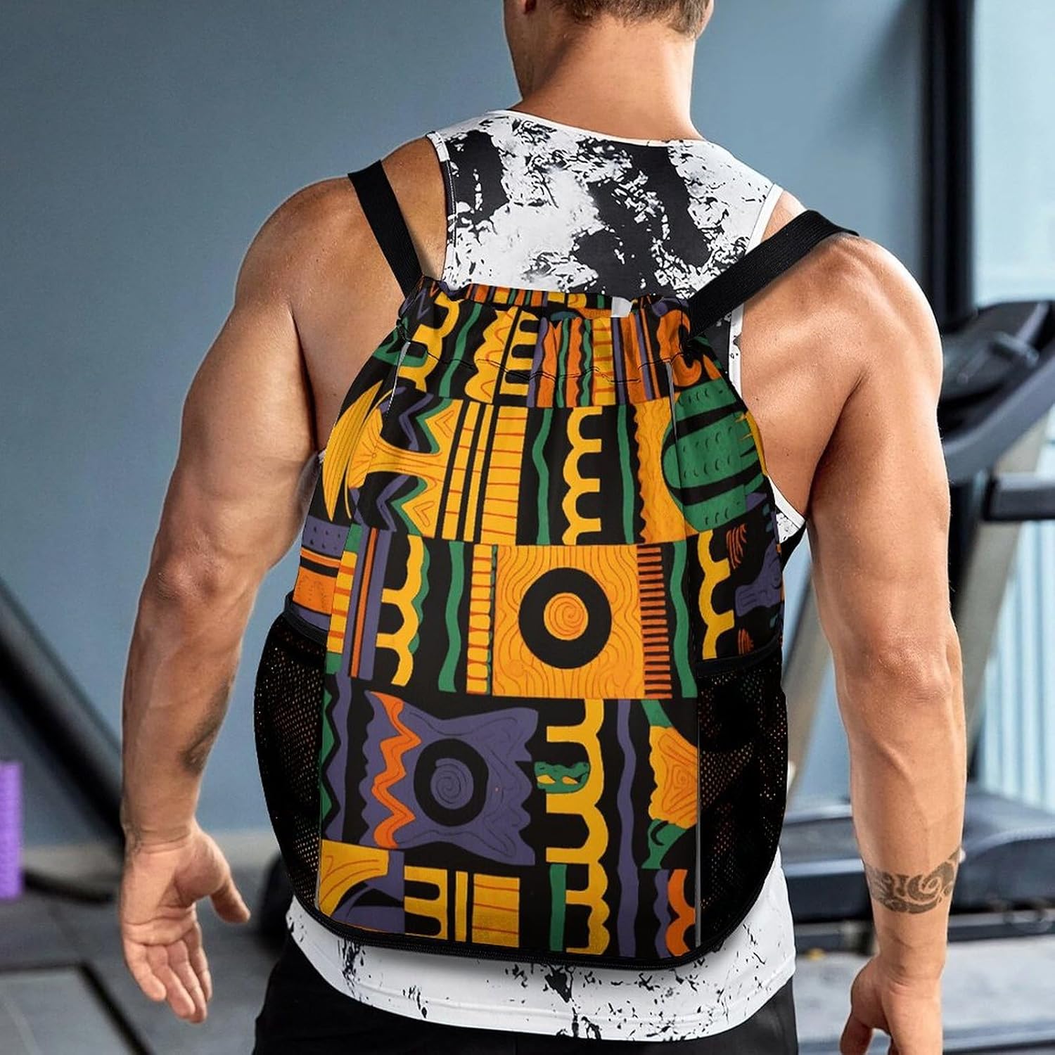 Fitness Drawstring Backpack Waterproof Gym Bag African Ethnic Pattern Lightweight Dry And Wet Separation Swim Bag