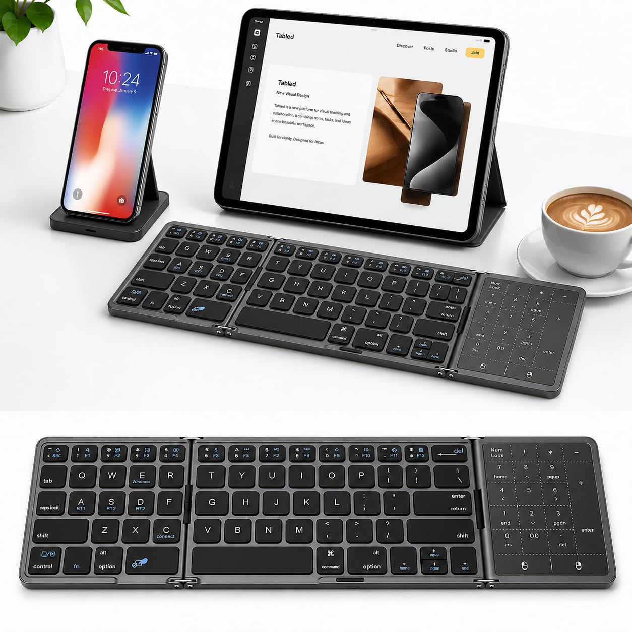 microware foldable bluetooth keyboard with touchpad, 2 in 1 numeric keypad rechargeable tri fold travel keyboard, portable wireless folding for android laptop