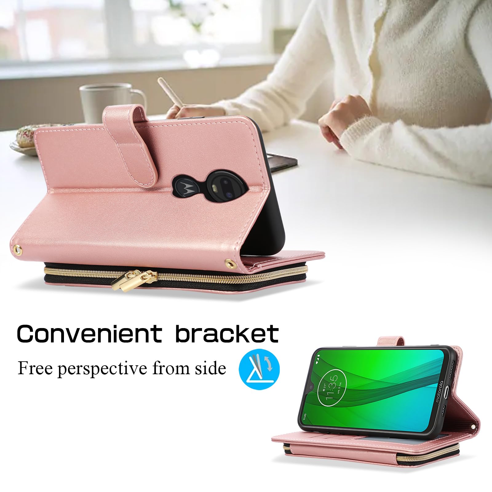 ELISORLI Wallet Case for Moto G7/G7+/Revvlry Plus with Detachable Wrist Strap Crossbody Shoulder Strap 9 Card Slots Phone Cover for Motorola G7Plus Moto7 XT1962-1 G 7 7G Tmobile Revvlry+ Girls Pink - Image 3
