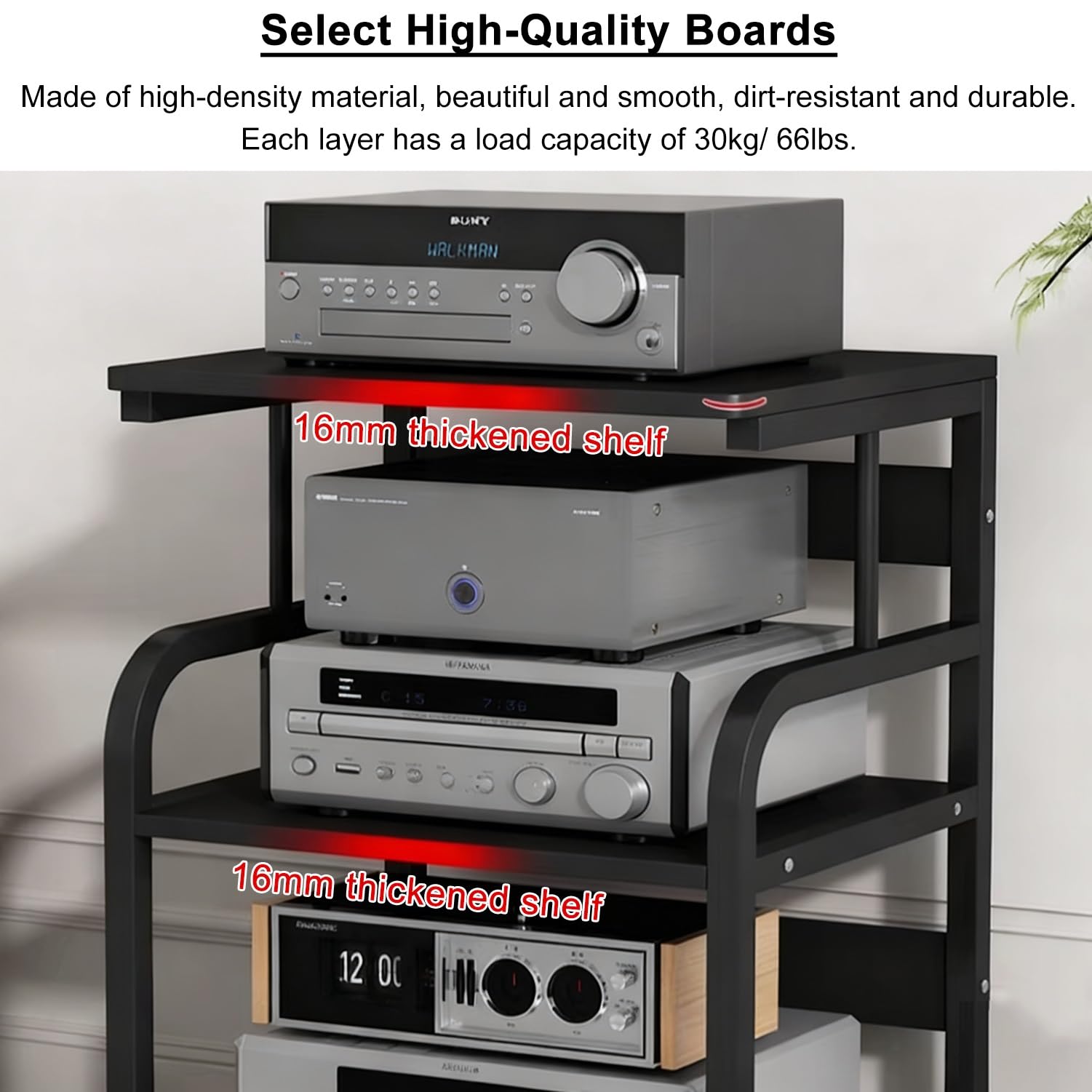 Stojak na sprzęt audio z 3 poziomami, stojak na sprzęt HiFi z kółkami i drewnianymi półkami, ruchoma wieża pod sprzęt audio-wideo do systemów stereo i kin domowych (naturalny) (kolor tekowy 50x40