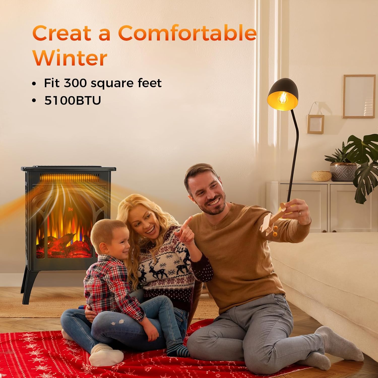 Electric Fireplace Stove, 1500W, Fast Heating, X Infrared Fireplace Heater with Remote Control, 8H Timer, Freestanding Stove with Adjustable 3D Flame Overheat Protection, Indoor Fireplace