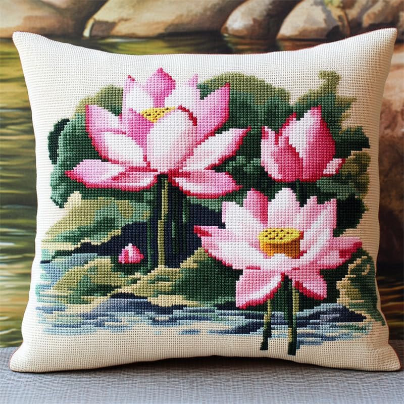 Walluminati Stamped Cross Stitch Pillow Kits, Iris Flower 11CT Cross Stitch Cushion Cover Embroidery Kit Pillow Cases Counted Needlepoint Handmade Cushion Cover for Home Decor 18x18inch