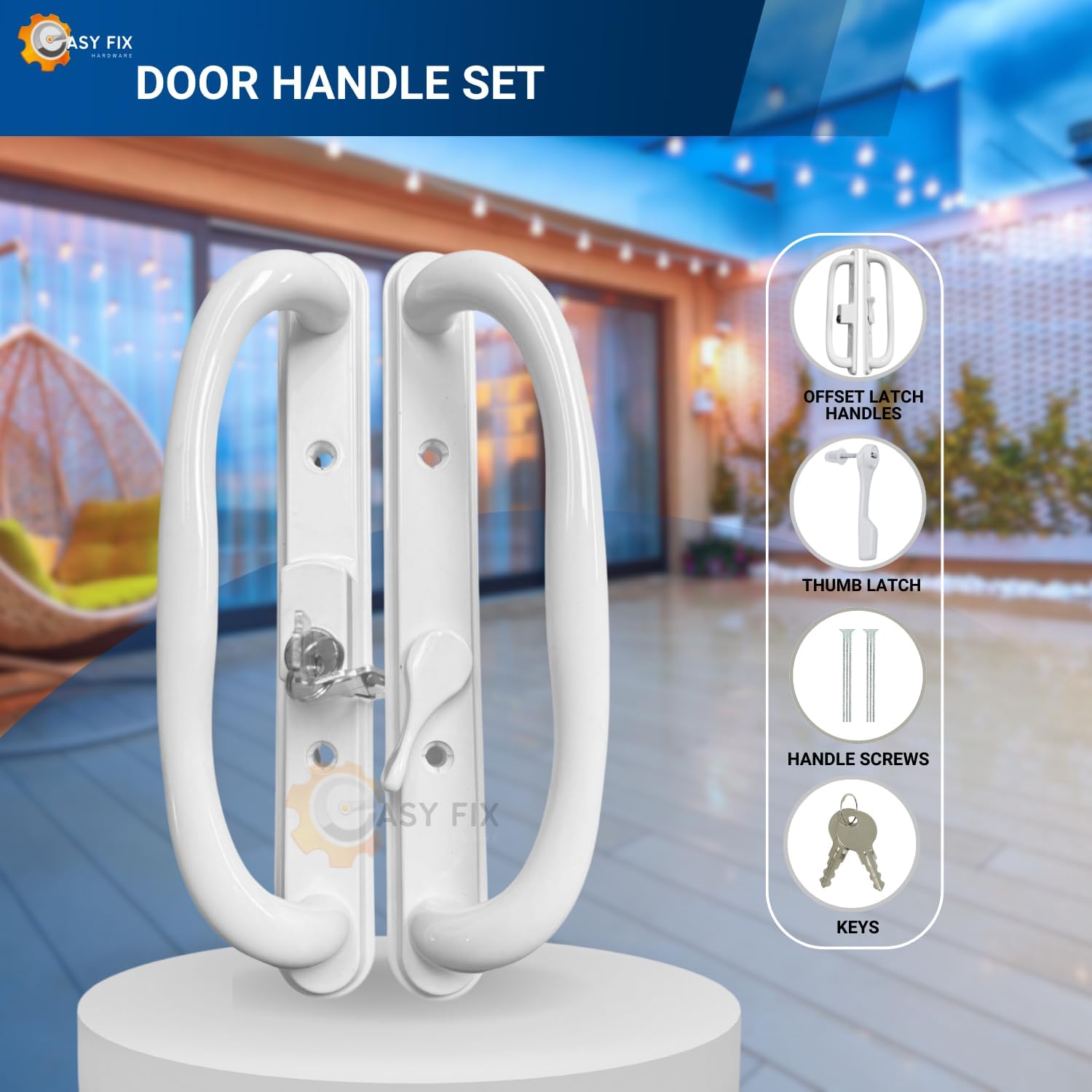 10" Olympus Sliding Patio Glass Door White Offset Pull Handle Set Replacement with Keys fits 3 ¹⁵/₁₆ inches Hole Spacing, and 1-1/4" to 2-1/4" Door Thickness