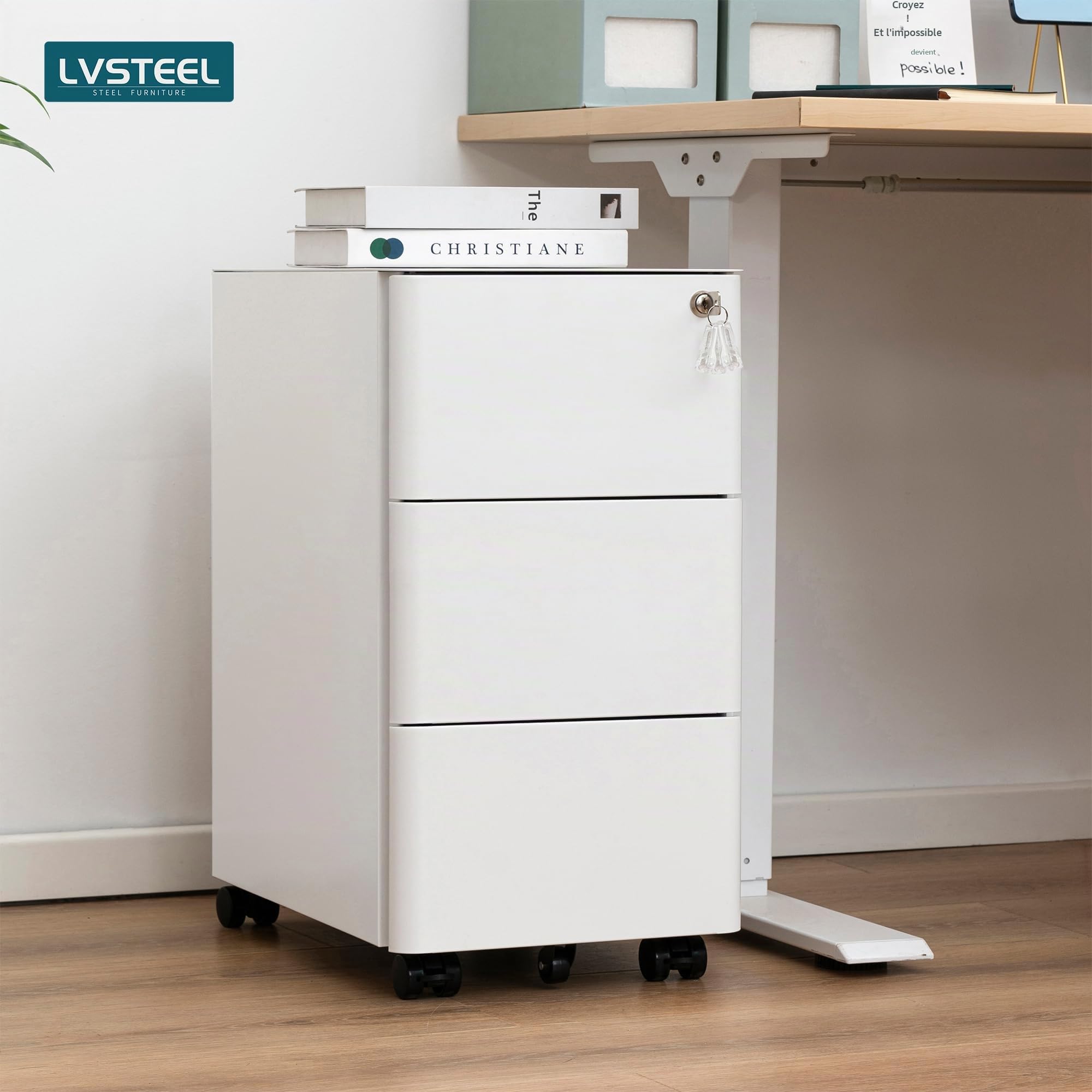 Caisson de Bureau Mobile, Verrouillable, 4 Clés, Meuble Tiroir Bureau, Caisson Tiroir, Rangement pour Documents et Papeterie, Blanc