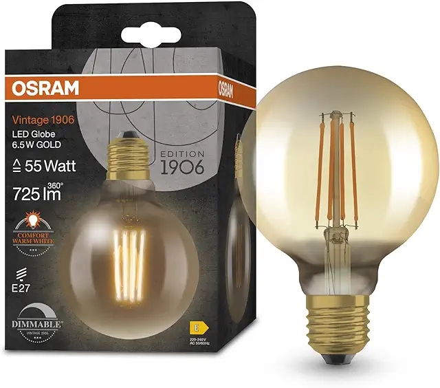 OSRAM Vintage 1906 E27 LED Globe - Gold Filament, Dimmable, 6.5W