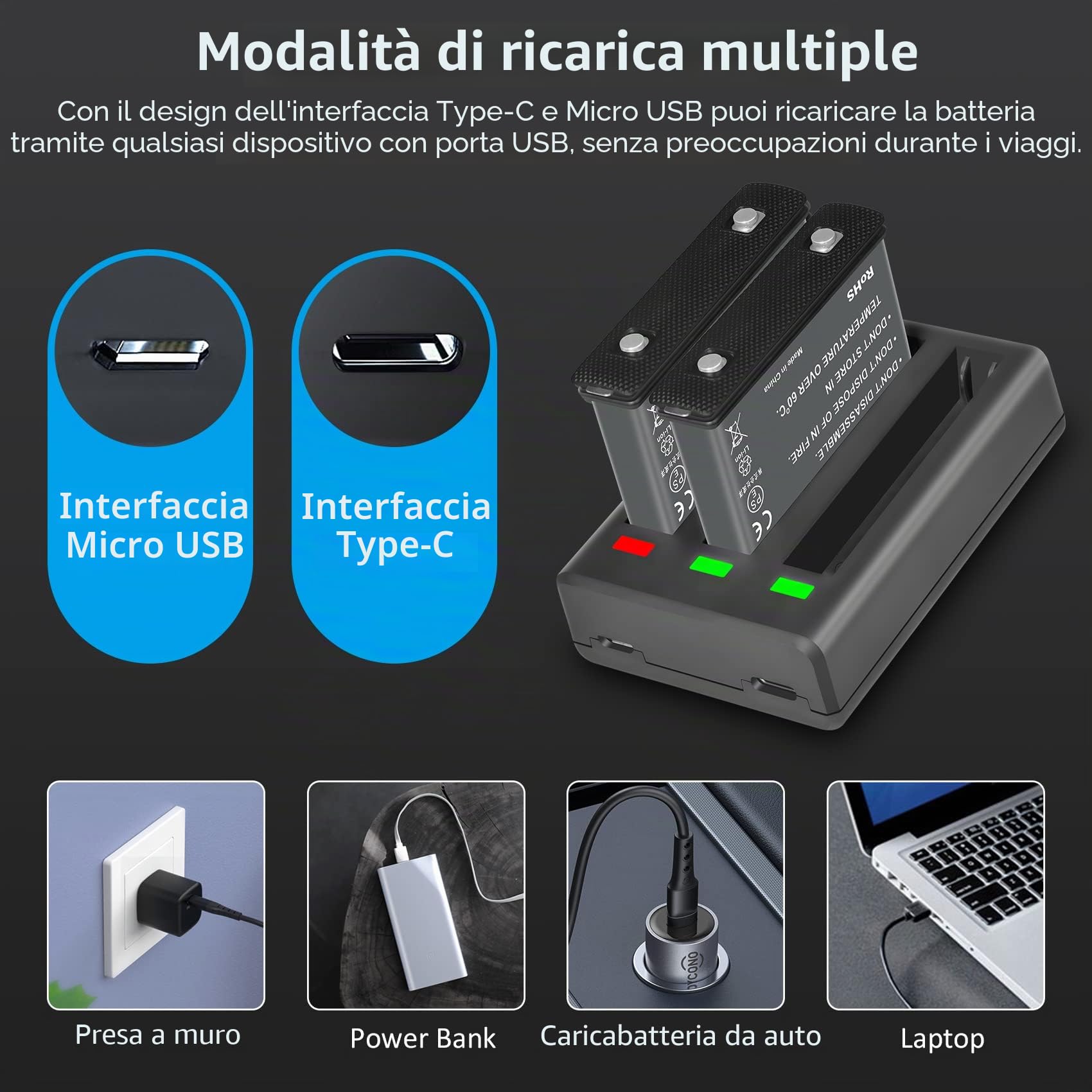 COOLSHOW Action Camera X3 Batteria 1800mAh 2 pezzi e X3 Caricabatterie Triplo con Type-C e Micro USB di ricarica Compatibile con X3 fotocamera (Sostituzione della X3 Batteria)