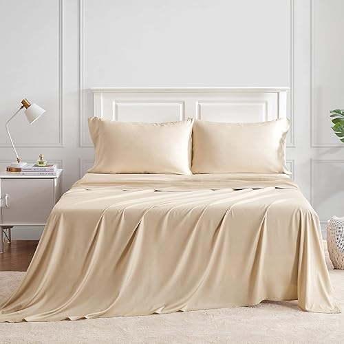 Miniatura 2 de EHEYCIGA Juego de sábanas de bambú tamaño Queen sábanas de bolsillo profundo tamaño Queen sábanas refrescantes suaves transpirables sábanas beige