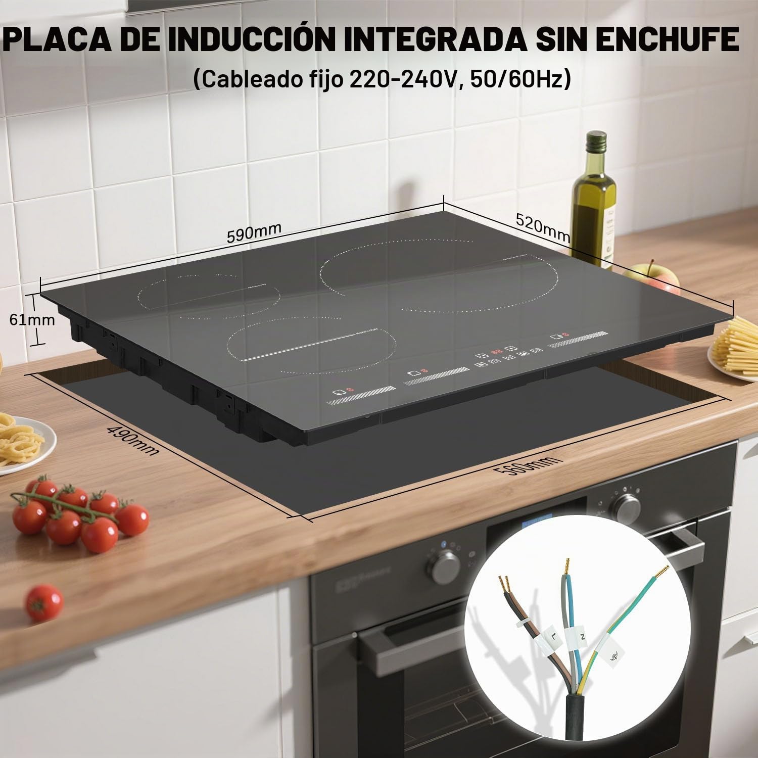 Placa de Inducción 3 Fuegos DELITEER, Placa Autoportante 60 cm, 6500W | Regulación Independiente, Gran Zona de Calentamiento 28cm, Bloqueo de Seguridad, Temporizador, Pausa, 220V~240V, Sin Enchufe