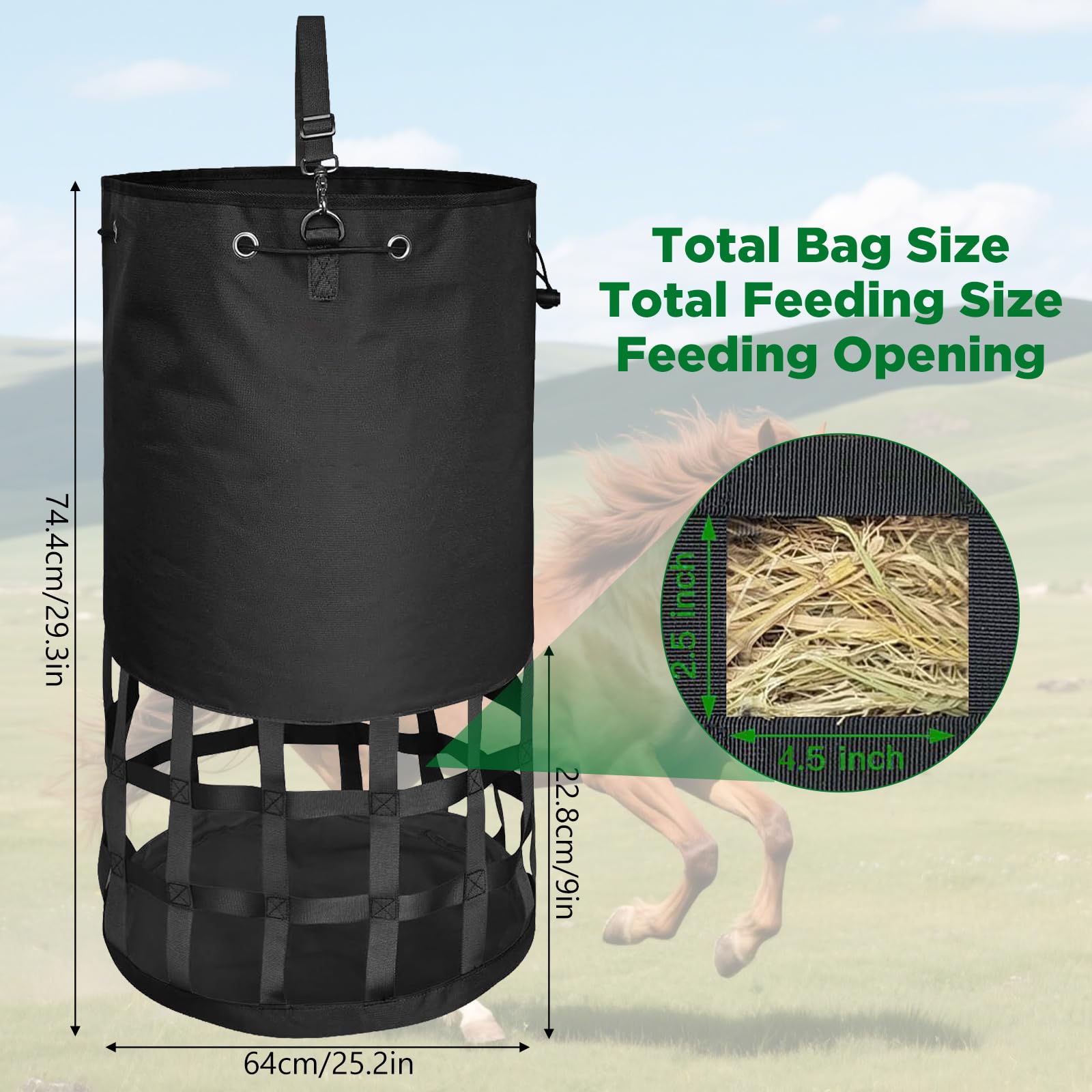 Filet à Foin pour Chevaux à Mailles serrées, Filet à Foin pour Chevaux | Sac XXL 10 kg, Mailles 6,5 cm | Robustesse élevée pour écurie/Paddock/Transport
