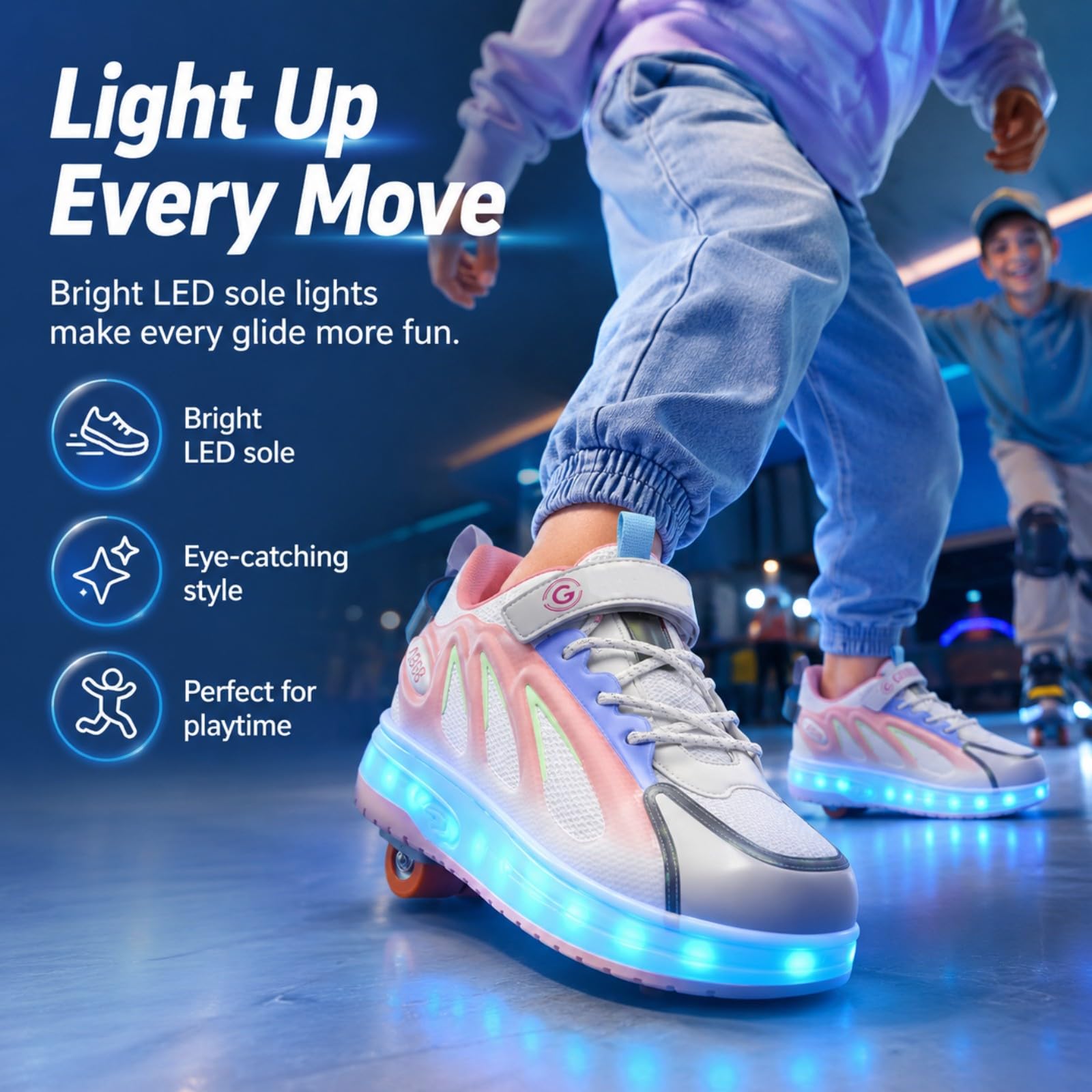 JJDFW Kids LED Light Up chowane trampki rolkowe, opcje 2 koła i 4 kółka, buty do chodzenia i jazdy na łyżwach 2 w 1, cholewka z siateczki z paskiem na haczyk i pętelką oraz koronkowym zapięciem, gruba