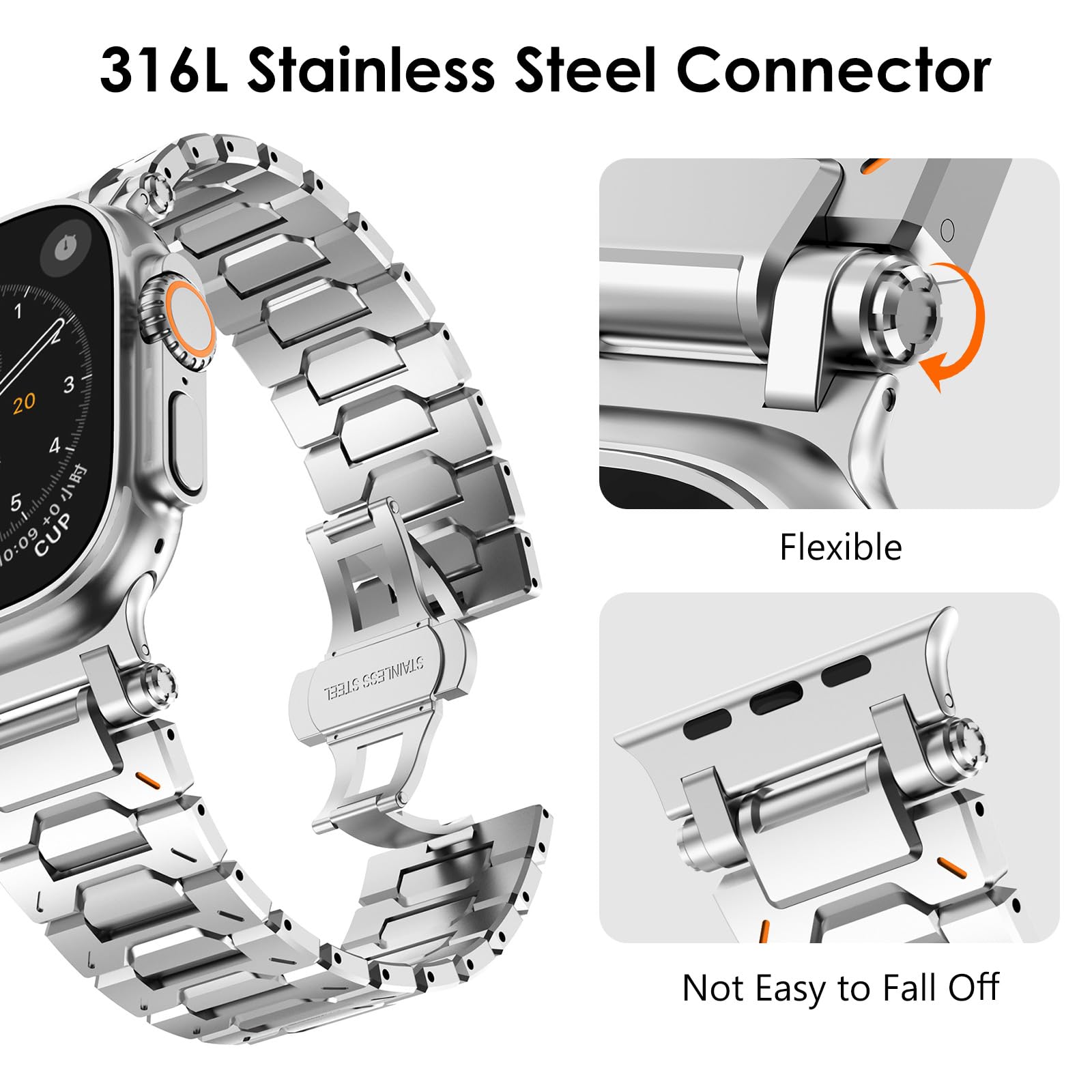 NewWays Metal Strap Compatible with Apple Watch Straps 49mm 46mm 45mm 44mm 42mm(Series 3 2 1),Stainless Steel Replacement Band for iWatch Ultra 3 2 1 Series 11 10 9 8 7 6 5 4 3 2 1 SE,Silver - Image 3