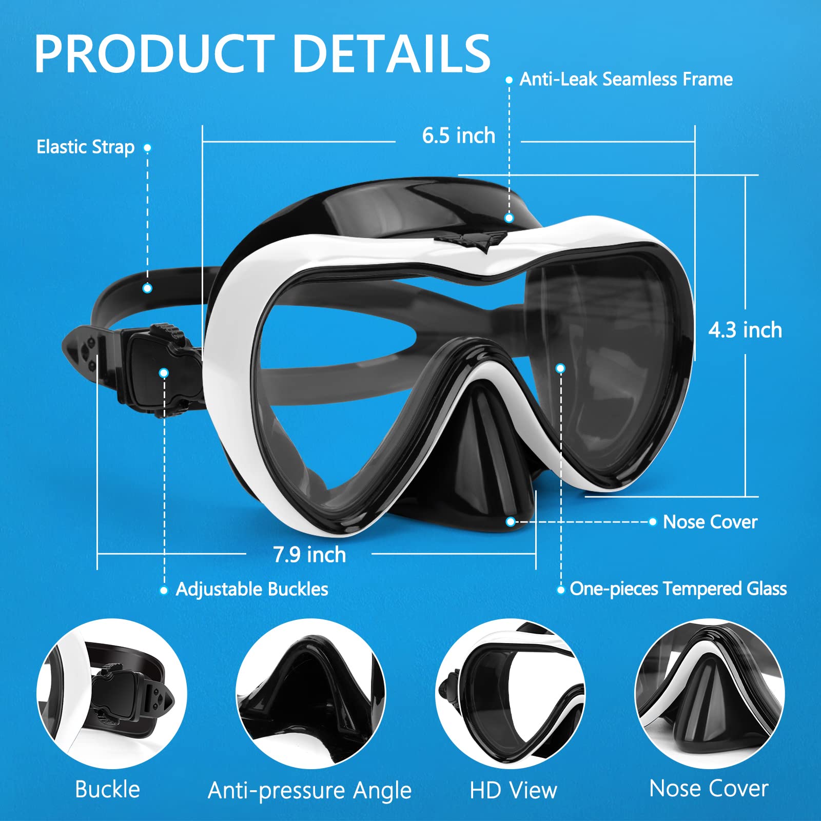 Gafas de natación, gafas de buceo antivaho con cubierta para la nariz, máscara de buceo de silicona antifugas para adultos, máscara de natación de vidrio templado HD de 180 grados para esnórquel con