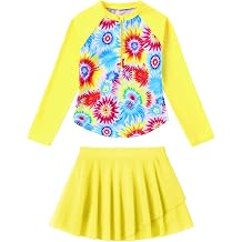 Girls Rash Guard Swimsuit Long Sleeve Bathing Suits with Swim Skirt Shorts Two Piece Sun Protection Swimwear for 3-12 Years