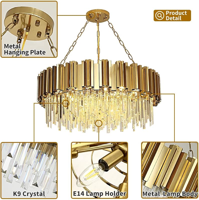 AOOCHOK Modern Kristály Csillár - Arany Kerek Függőlámpa 75cm, 12 E14 Izzós, Szabályozható Fényerő, Nappali, Étkező, Hálószoba