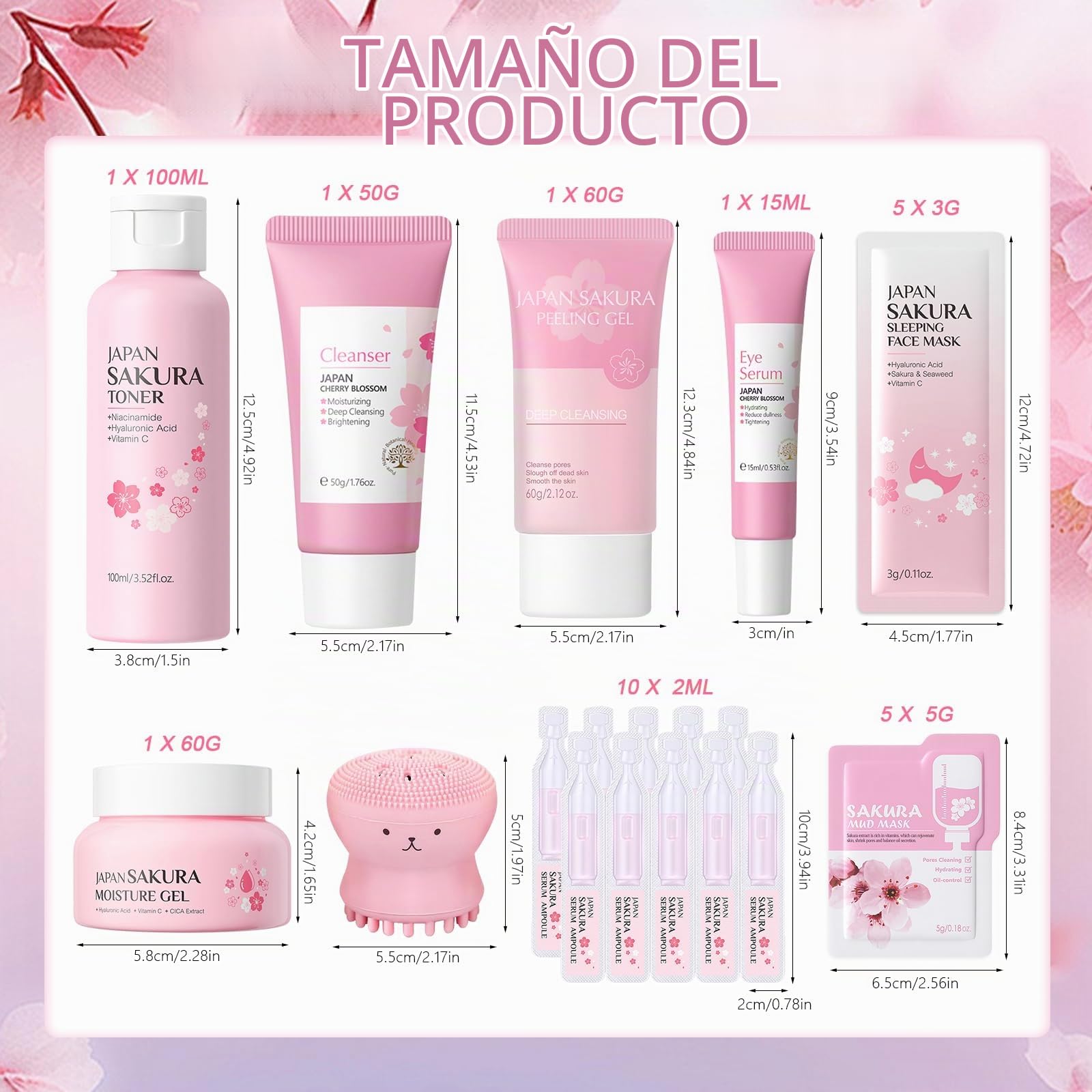 26 Piezas Set de Cuidado Facial Sakura, Sakura Set de Cuidado de la Piel | con Limpiador Facial/Tónico/Esencia/Dispositivo de Limpieza/Mascarilla, Etc.Kits De Cuidado Facial para Niñas y Mujeres