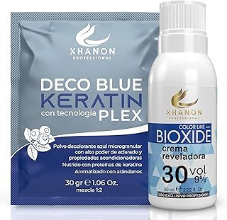 PACK Polvos decolorantes de Cabello + Crema Oxidante - 8 tonos de Aclarado - Decolorante pelo Profesional - Aroma Arándanos - Decoloracion Azul con Tecnología PLEX y Keratina (Sachet) (PACK 30 VOL)