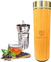 Leaf Lovers Thermos Flask, Tea Bottle, Thermal Mug, 500 ml Coffee Mug to Go, Bamboo, Teapot with Strainer Insert, Double-Walled Stainless Steel