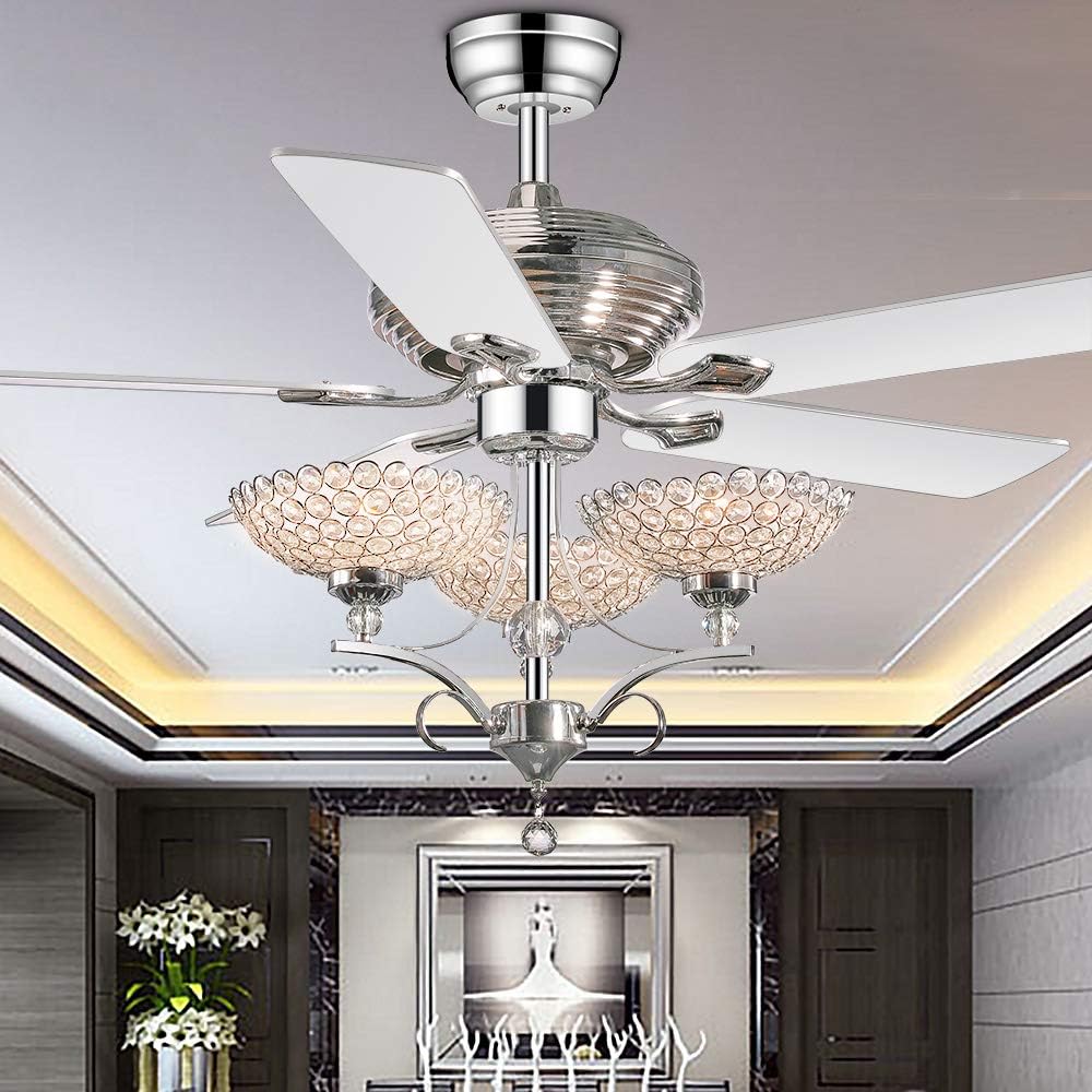 Tор Rаtеd 52 inch Crystal Ceiling Fan Chandelier Fandelier with Sparkle and Shine Lights 5 Blades Chrome Pull Chain Home Decoration Modern for Living Room Bedroom