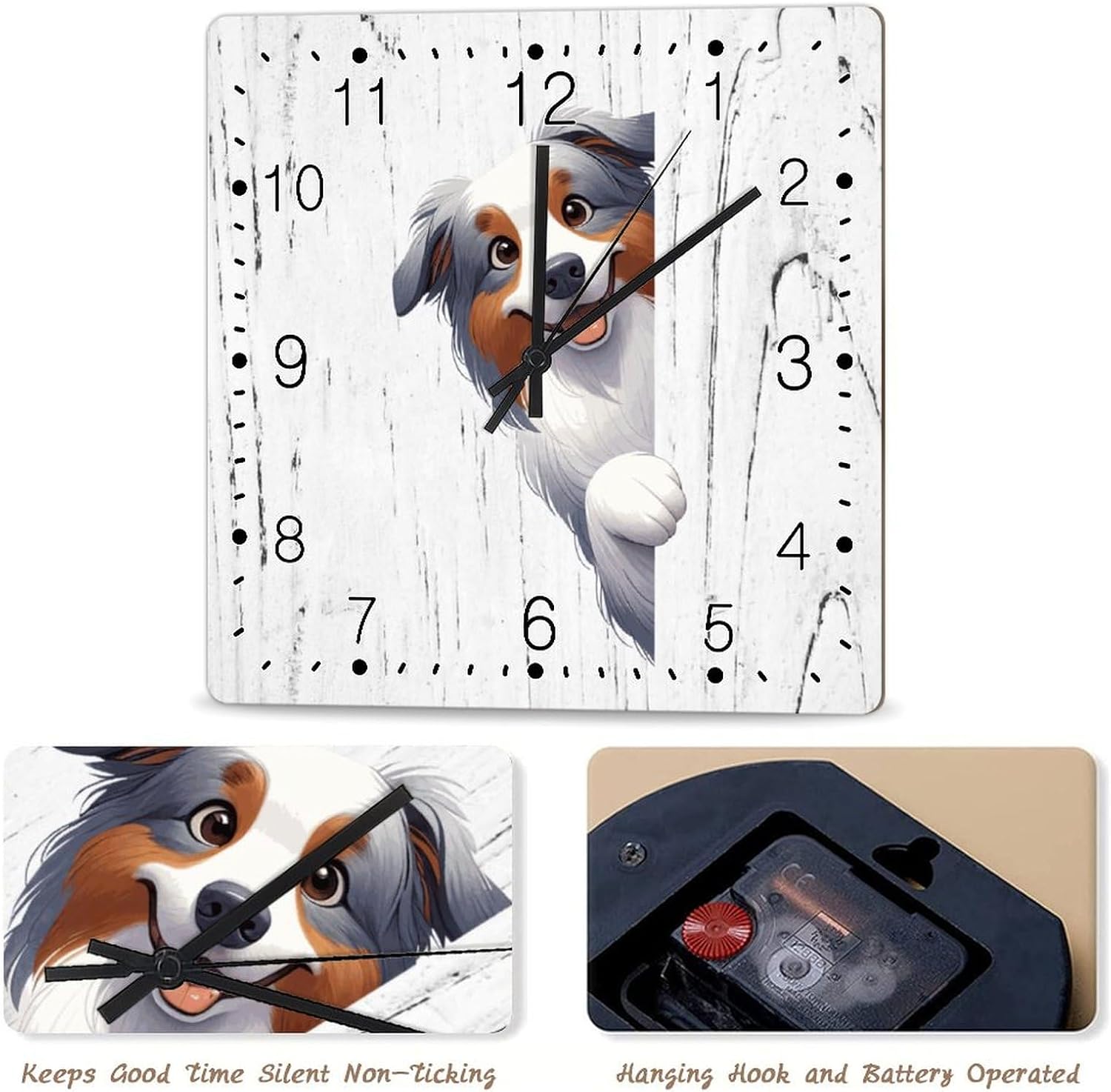 Australian Shepherd Dog Peeking ASquare Corner Clocks Australian Shepherd Hanging Wall Clocks Battery Operated Square Clock Dog Lover Gift Wooden Clock for Dinning Living Room 15x15in