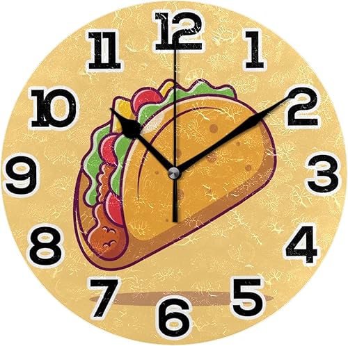 Taco - Reloj de pared con diseño de comida mexicana, funciona con pilas, sin tictac, silencioso, redondo, acrílico, cuarzo, decorativo, para cocina,