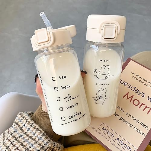 Botella de agua creativa de dibujos animados con pajilla, botella de plástico de 11.8 fl oz, portátil a prueba de fugas, para beber leche, café, té,