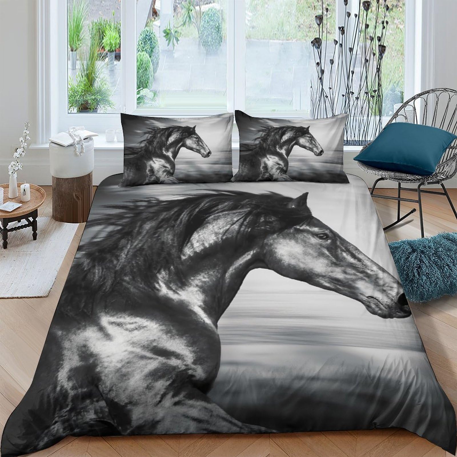 Ctjqhvkz Style-3 3D Printed Black Horse Fitted Sheet Microfiber Soft Decorative Wild Stallion Bed Cover For Bedroom Guest Room Single（135X200cm）