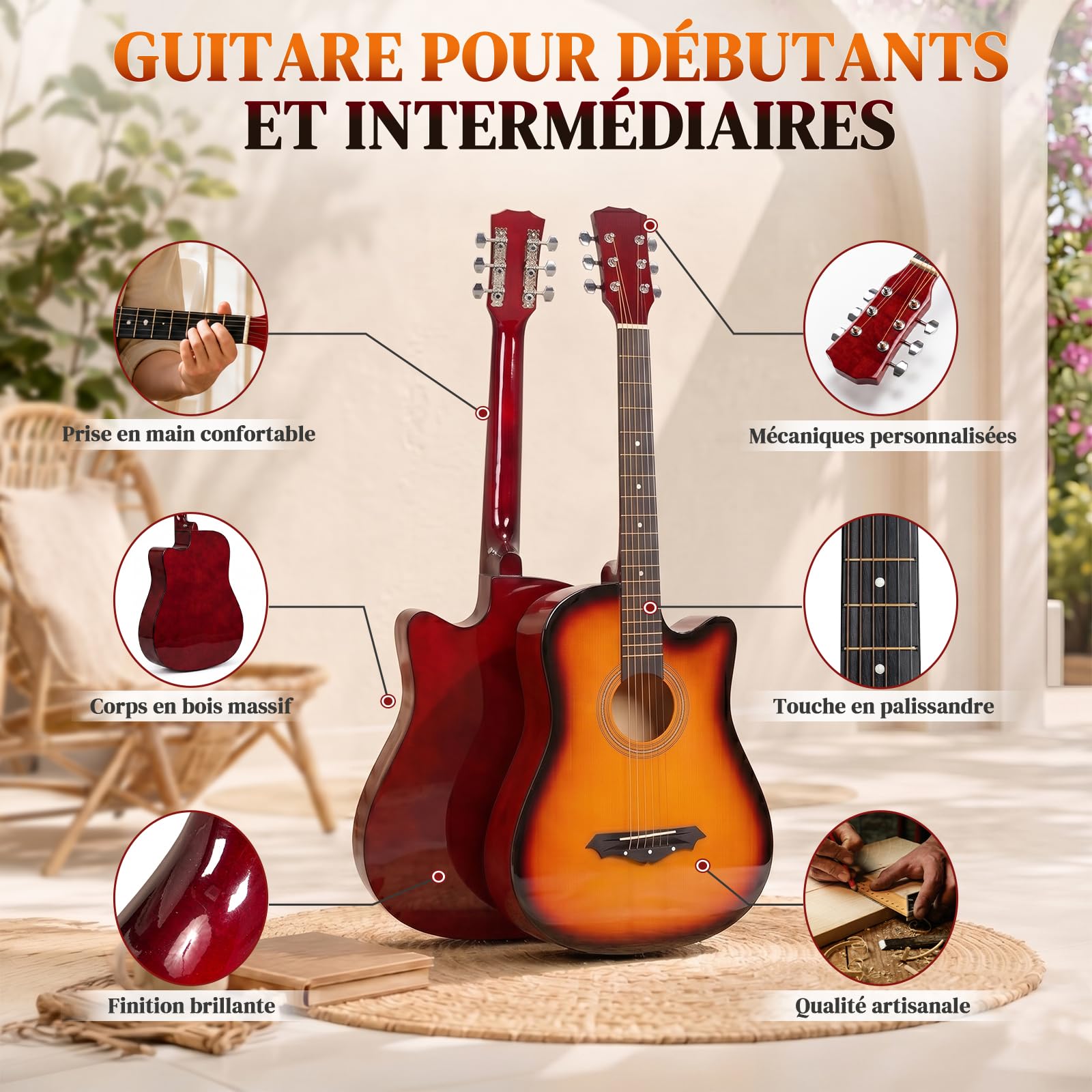 LEADZM Guitare Classique Débutants, 38 Inch, Cordes en Nylon (Feu)