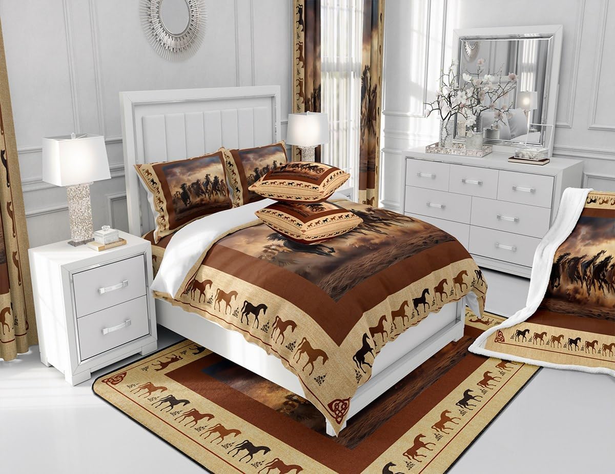 Feelyou Horse Bedding Set King Size Galloping Horse Comforter Cover Set for Boys Kids Western Decor Cute Animal Duvet Cover Kawaii Farm Cowboy Brown Bedspread Cover Room Decor Quilt Cover,No Comforter