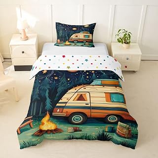 Castle Fairy RV Camper Girls Bedding Set Twin Size, Tree Stump Woodland Campsite Duvet Cover Set,Farmhouse Style Room Decor,Green and Brown Quilt Cover,1 Pillowcase(No Comforter)