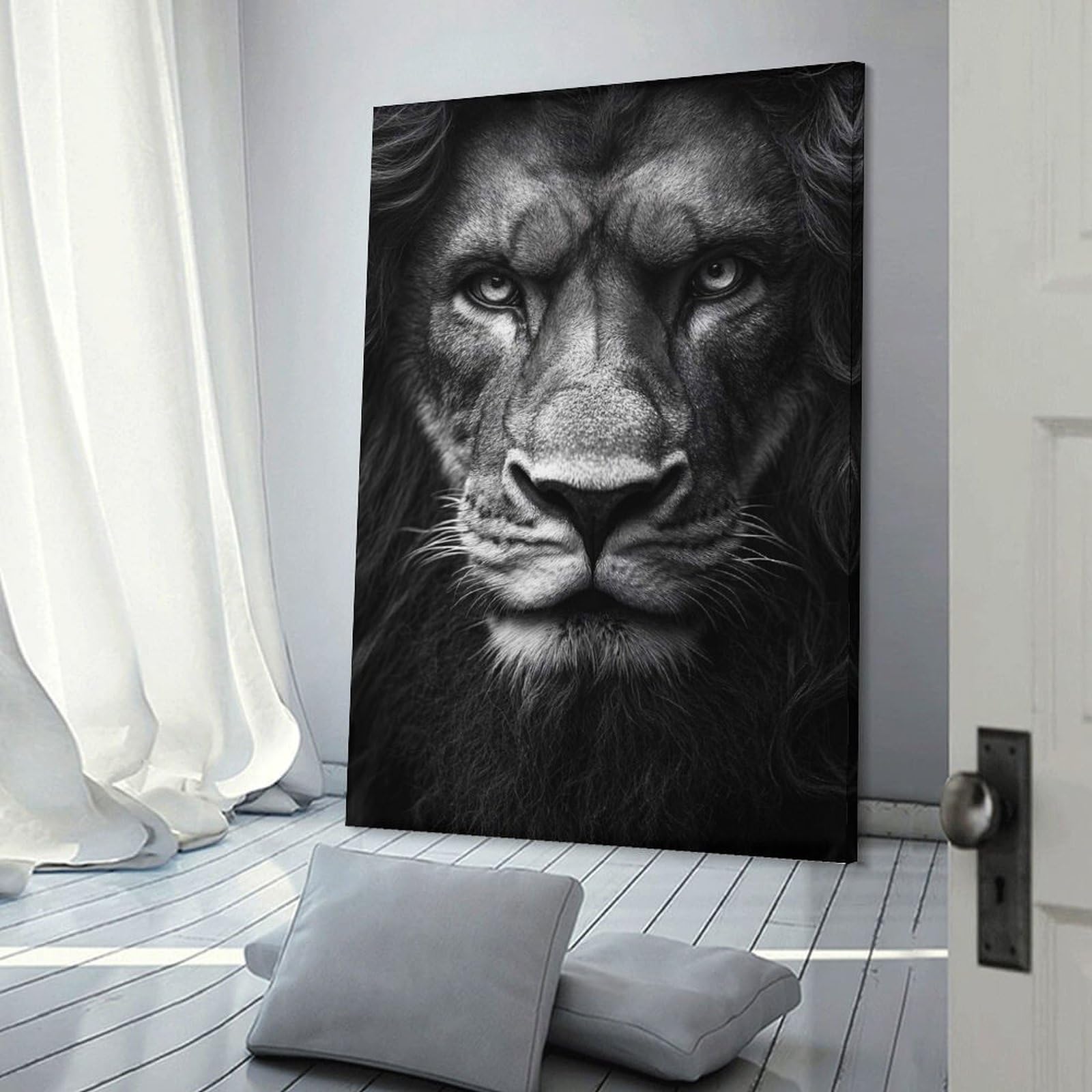 Junmoney Monochrome Lion Portrait Home Decor Wall Art 24x36inch(60x90cm), for Office, Study Or Home Workspace, Home Office Artwork with Decorative Appeal