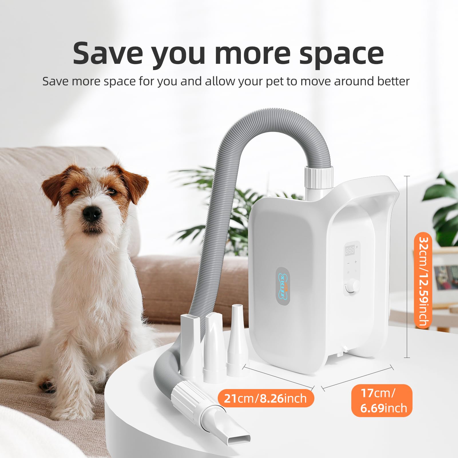 XKISS pulseur pour chien Sèche-cheveux pour animaux 3200W / 4.5HP,Low Noise Sèche-cheveux pour chiens,Souffleur pour sécheur chiens Chaleur et vitesse réglables,avec filtre à air et 3 buses.（Blanc）
