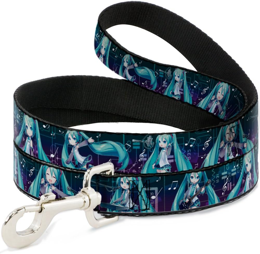 Dog Leash Chibi Hatsune Miku Poses Music Notes Blue Purple Fade 4 Feet Long 1.5 Inch Wide