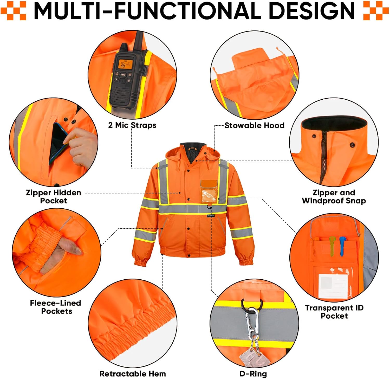 TICONN Waterproof Safety Bomber Jacket, Winter Rain Jacket Hi Vis Reflective, ANSI Class 3 Work Rain Coat - Image 3