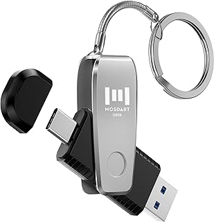 MOSDART Flash Drive OTG USB 3.0 tipo C 2 em 1 de 128 GB com chaveiro, para iPhone 15, 16, 17, telefones Android, iPad, MacBook e laptops, prata