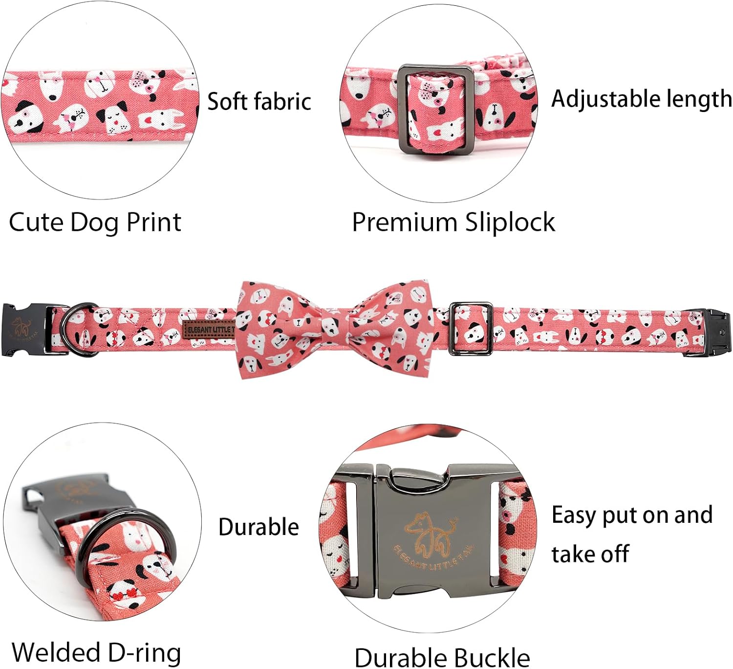 Elegant Little Tail Dog Collar With Bow Tie - Cute Heart Print Pink Pet Collar for Boy Girl - Adjustable Bowtie for X-Large Dogs