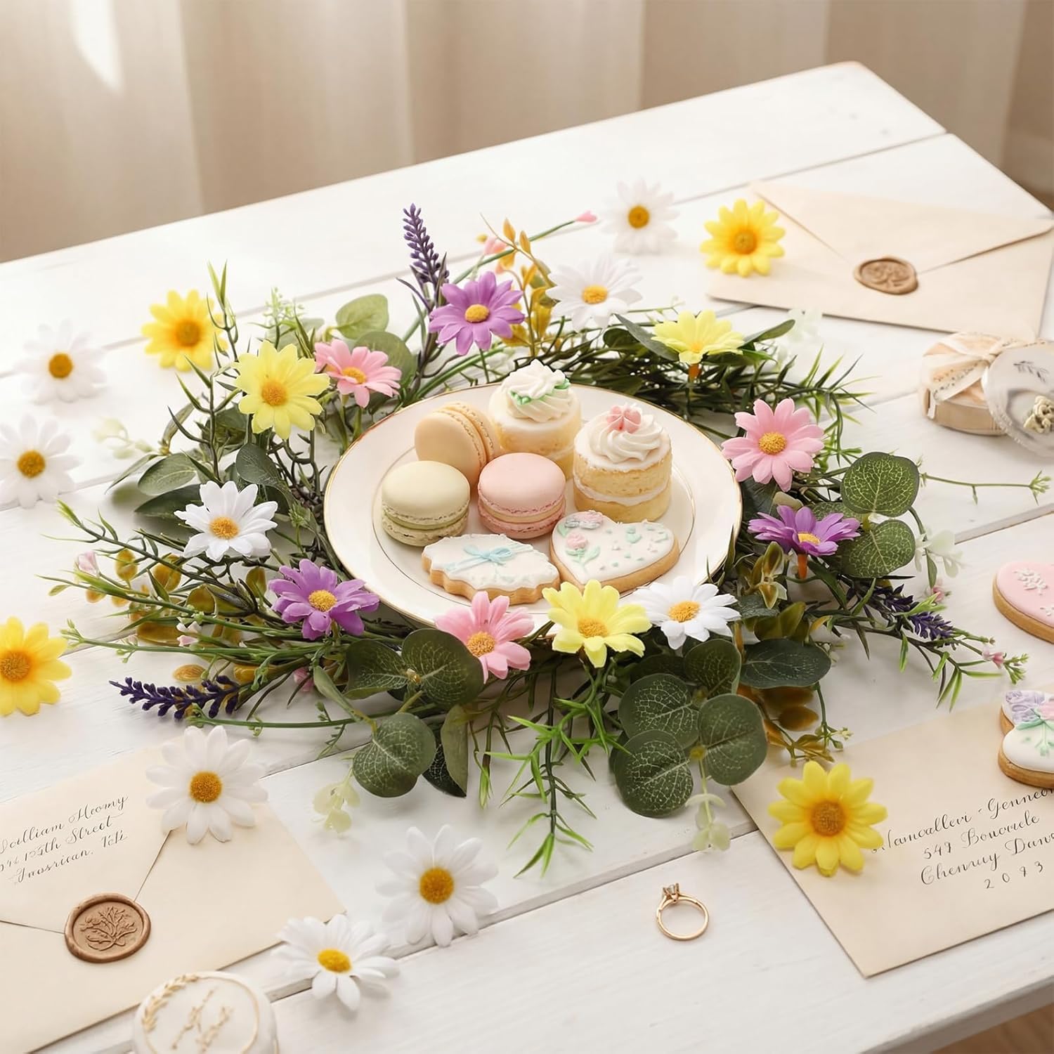 Easter Placemats Set of 6 Artificial Greenery Place Mats Circular Spring Summer Wreath with Daisy Lavender Flowers Eucalyptus Leaves for Kitchen Dining Table Front Door Porch Wall Decor