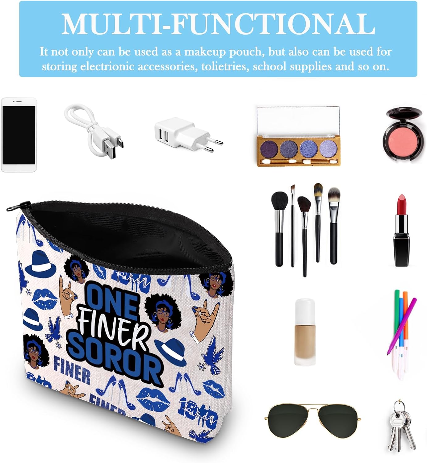 GJTIM Greek Sorority Paraphernalia Gift Sorority Member Blue And White Zipper Pouch One Finer Soror Makeup Bag Sisterhood Gift for Finer Women (One Finer Bag) - Image 3