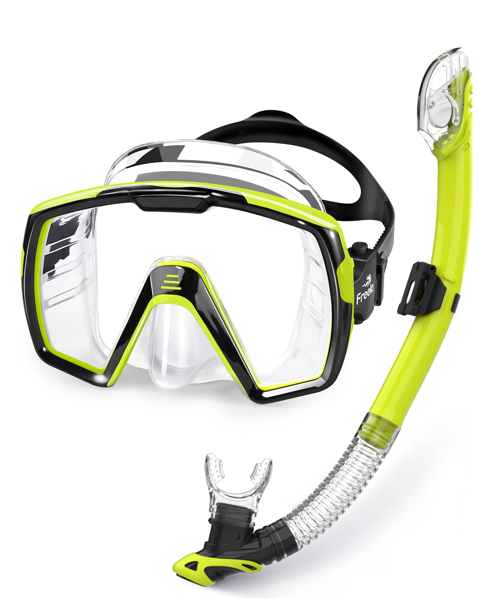 Freela Adult Dry Snorkel Set Scuba Diving Mask with Nose Cover, Safety Tempered Glass 180° Wide View, Anti Fog No Leak Snorkeling Gear for Men Women Youth with Filter Layer for Swimming, Diving