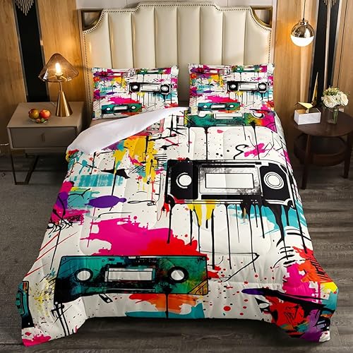 Miniatura 10 de Juego de edredón de grabación de audio vintage de los años 80, estilo retro, cintas de radio, cassette, juego de edredón de cama tamaño Queen, para