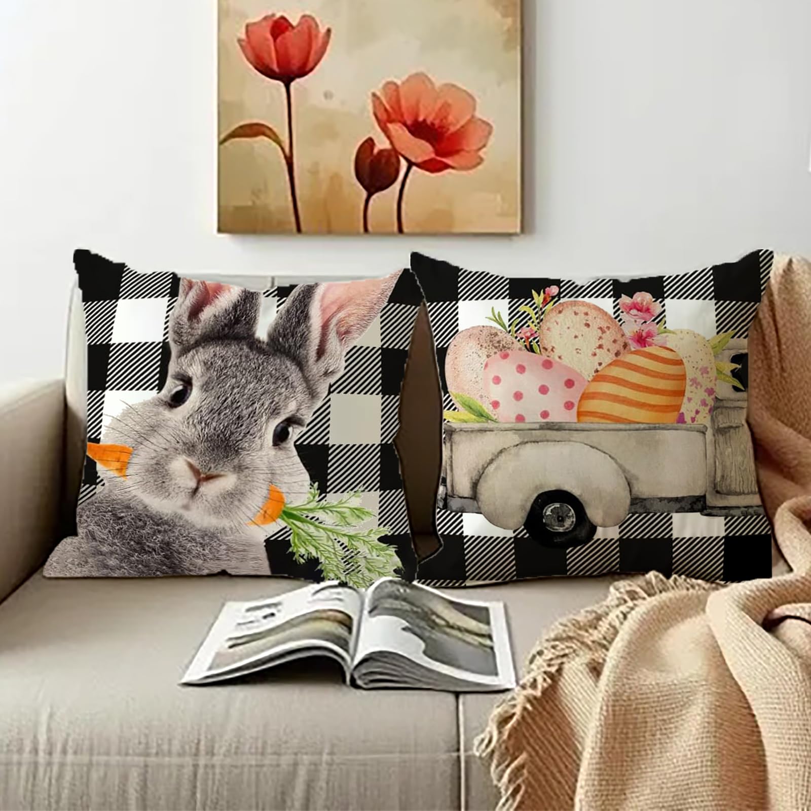 Zestaw 2 poszewek na poduszki wielkanocne 40 x 40 cm, królik dekoracja wielkanocna, poduszka na sofę, jajka wielkanocne, poszewki na poduszki, na wiosnę, lato, Happy Easter, poszewka na