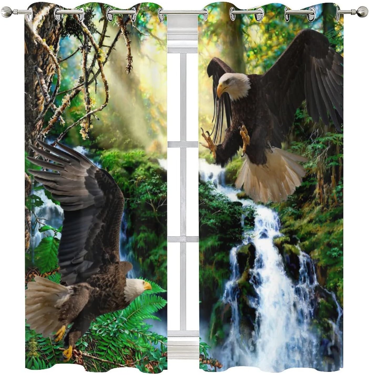 Nature Forest Wildlife Eagle Ultra Soft Premier Blackout Curtains,Flying Bald EagleThermal Insulated Bedroom Noise Reducing Patio Door Grommet Top,2 Panels 63L x 27.5W
