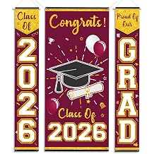 Maroon and Gold Graduation Porch Sign Decorations Calss Of 2026 3Pcs Maroon Congrats Grad Banner | Graduation Banner | Hanging Flag Grad Party Supplies for School College Classroom Decor