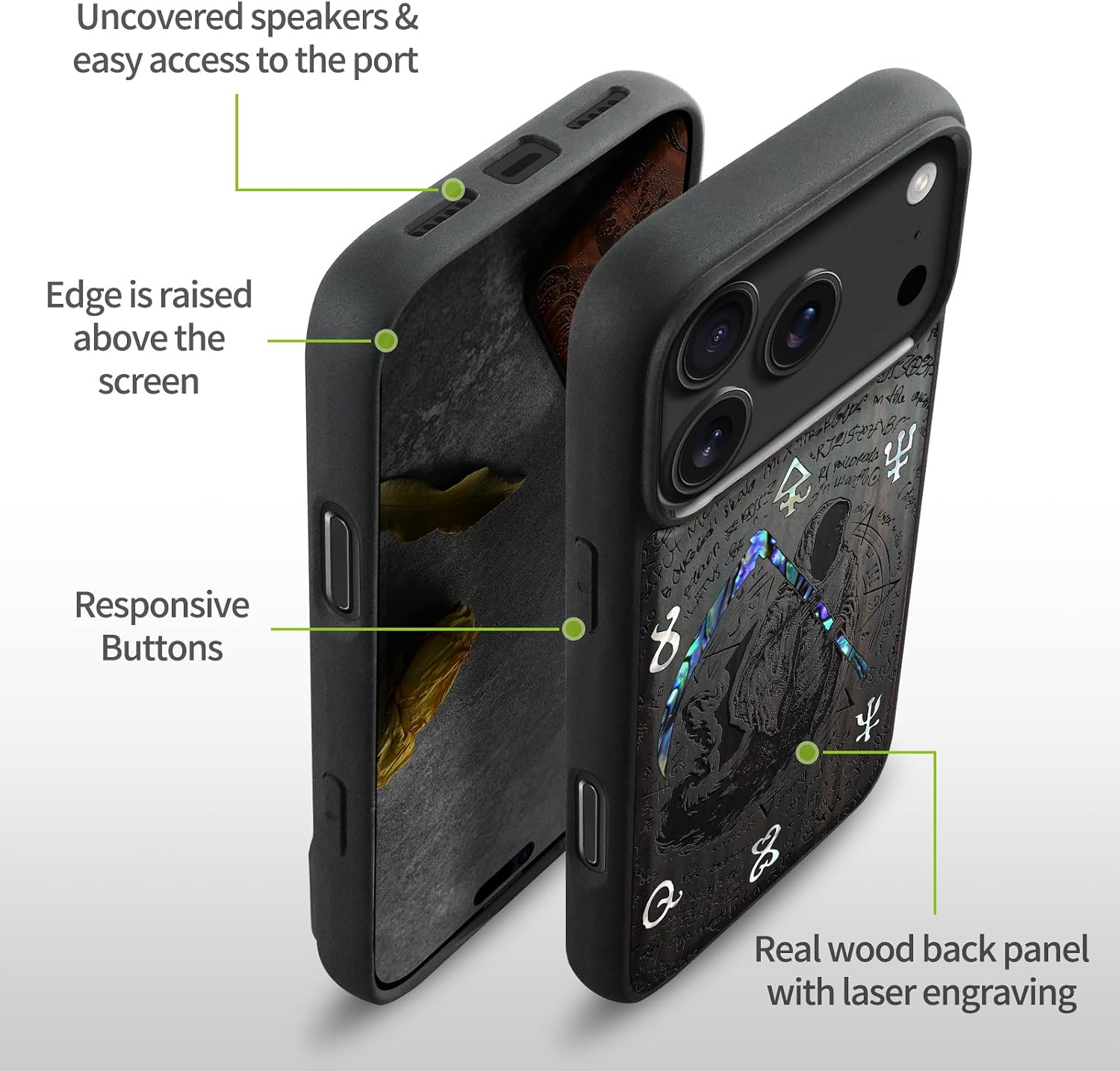 Carveit Magnetic Case for iPhone 17 Pro Case, Wood Artisan Engraved & Handmade Shell Inlaid, TPU Shockproof Cover, Compatible with MagSafe Wireless Chargers (The Grim Reaper of Carved-Blackwood)