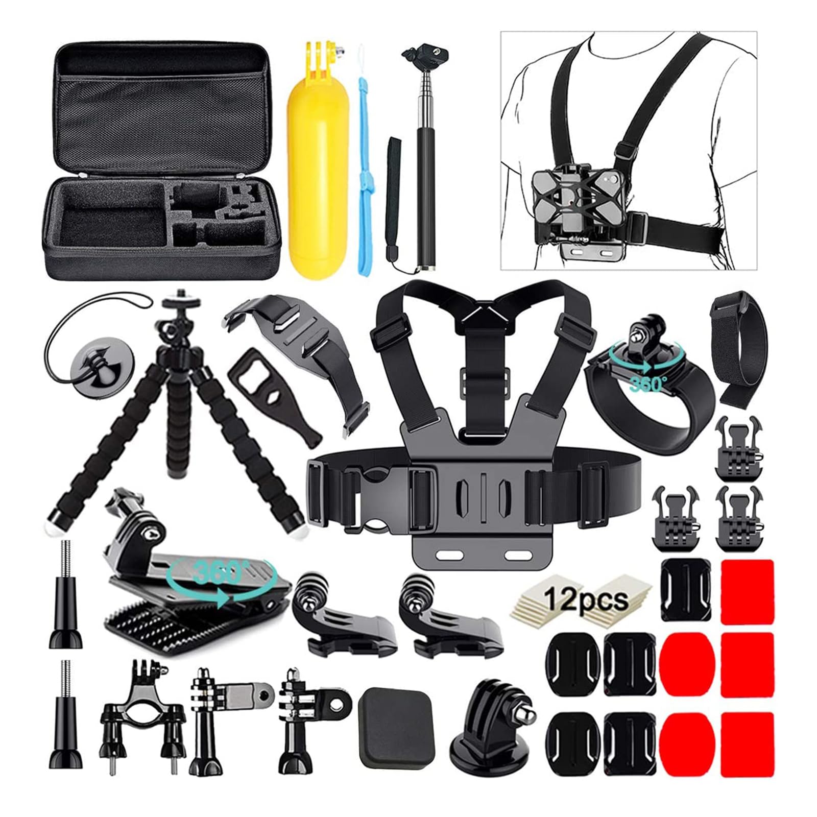 für Gopro12/11/10 Max Osmo Verstellbarer Handy-Brustgurt Harness Mount mit Clip Action Kamera Zubehör Kit mit Saugnapfhalterung Multifunktionaler mobiler Ständer für Zuhause/Outdoor