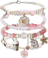 DS 4PCS Dainty Beaded Charm Bracelets for Teen Girls - Cute Cartoon Crystal Pearl Stretch Anklets Set, Adjustable Birthday Gift